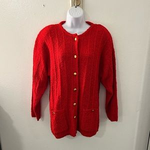 Vintage Karen Scott L Large Red Cardigan Sweater Chunky Knit With Front Pockets